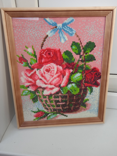 Картину "Розы в корзине", алмазная мозаика, 24х30