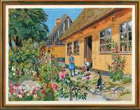 Набор для вышивания ROSENSTAND арт.12-758 Цветущий деревенский дворик, дети и кот